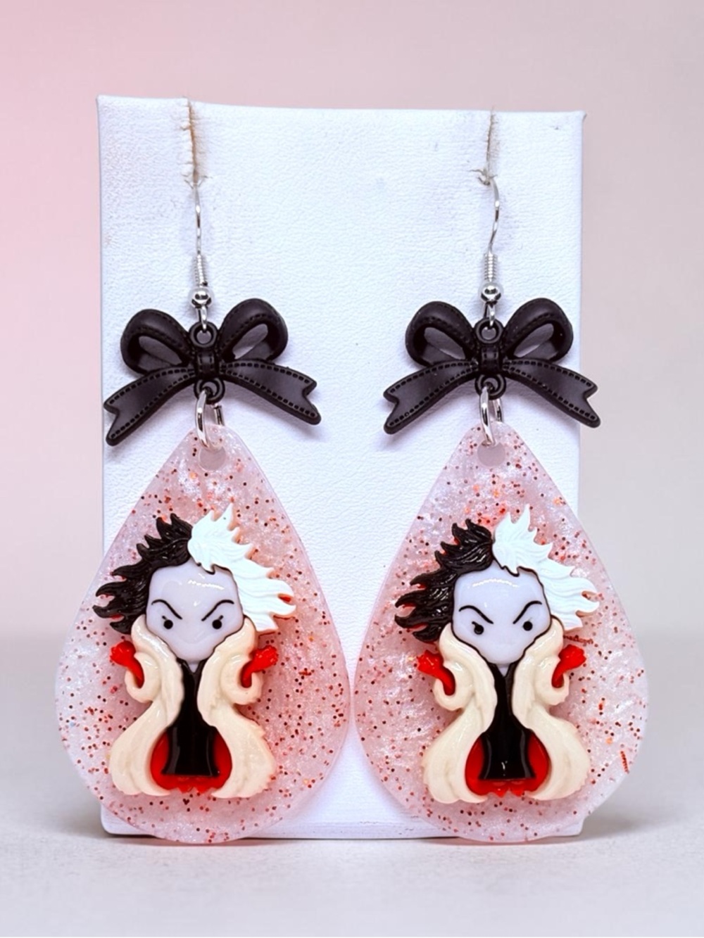 Handmade PinkRed  Glitter Villain Teardrop Earrings with Black Bow